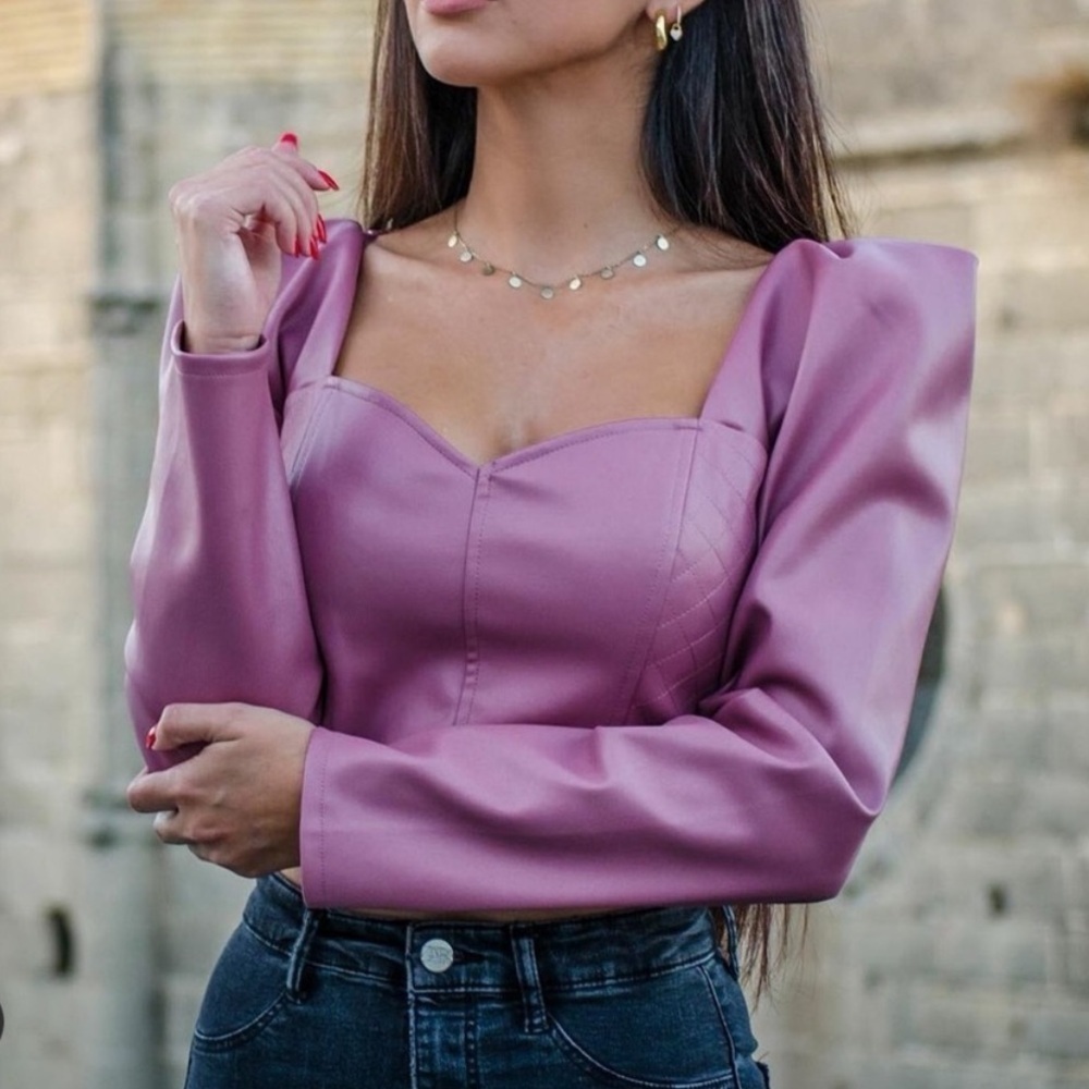 Zara Pink Faux Leather Cropped Long Sleeve Top